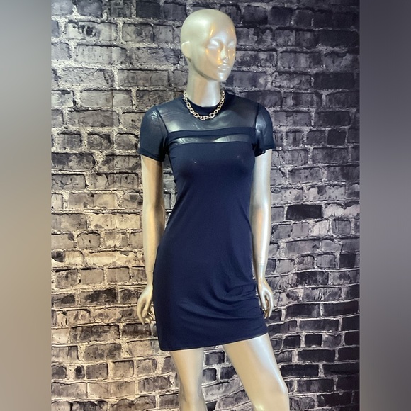 Navy Blue Mesh Soft T Shirt Mini Dress - Picture 3 of 10
